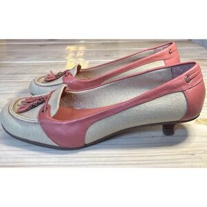 Enzo Angiolini Women's Shoes Red Leather Tan Canvas Kitten Heel Size 8.5
